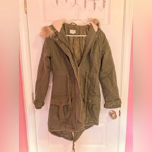 LA hearts coat long green with fur lined hood